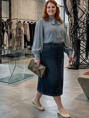 CJ Banks💋Dark Blue Denim Midi Skirt Front&Back Pockets Button Detail Sz 24W